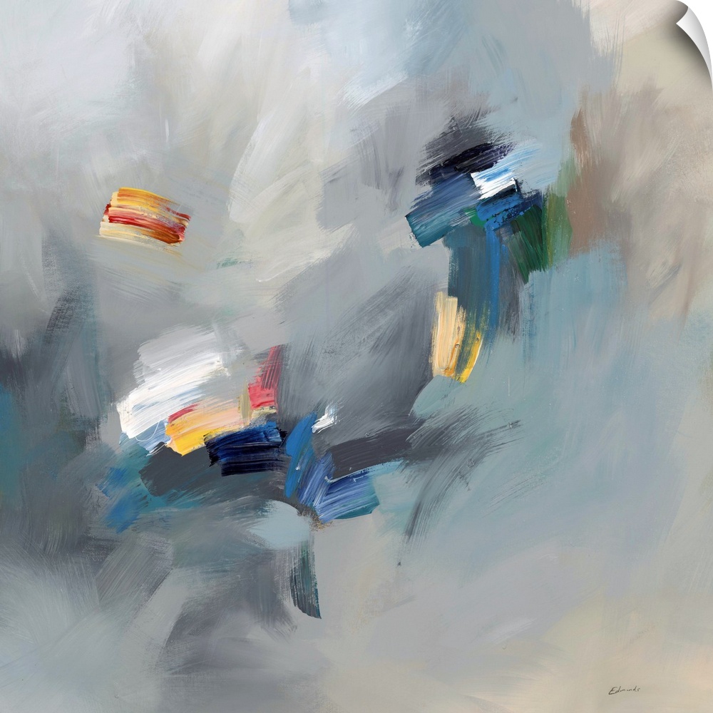 Abstract artwork with bright spots of yellow and white on hazy blue and grey.
