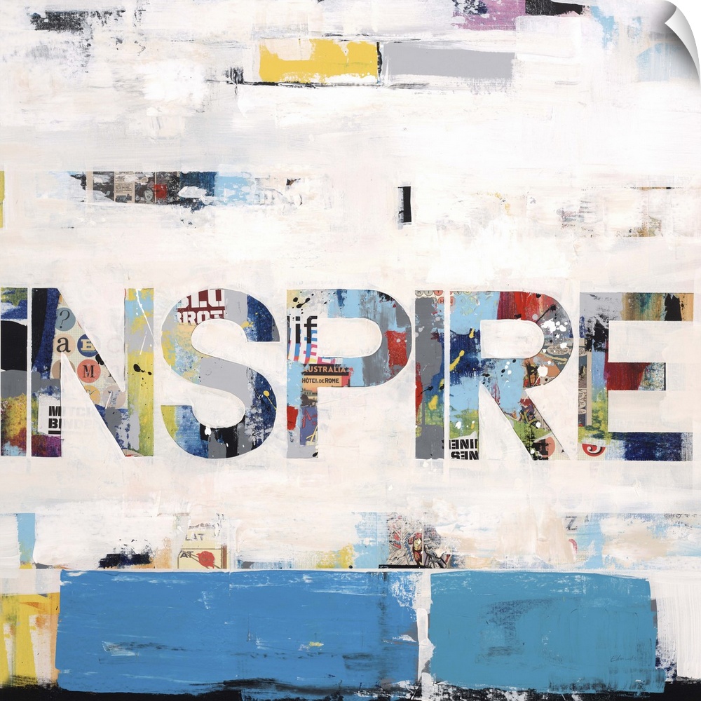 Collage-style artwork of the word "inspire" in large block letters.