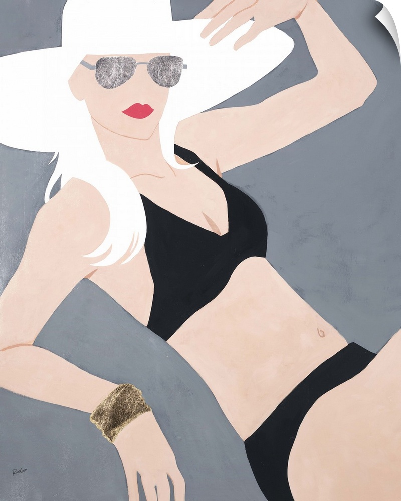 Contemporary figurative painting of a blonde haired woman wearing a white hat and black bikini.