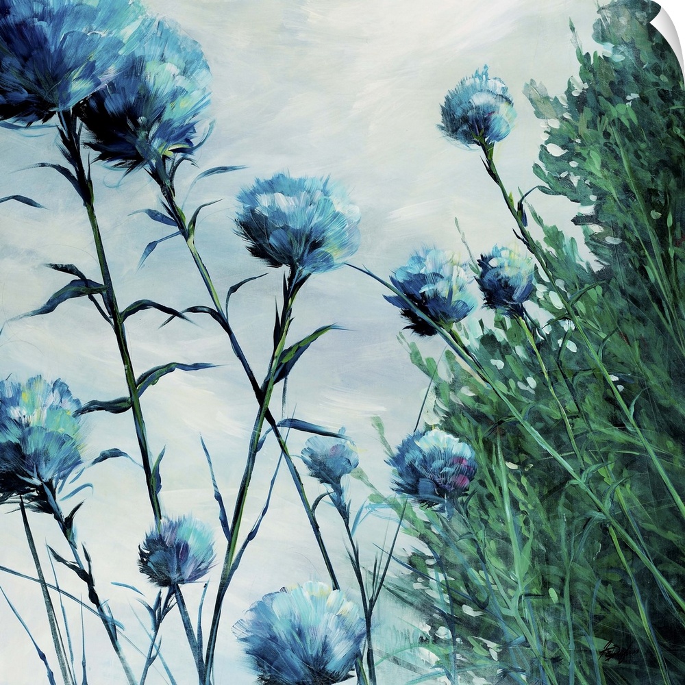 Floral painting in cool tones of a cluster of round puffy flowers on long stems next to a cluster of green grasses, beneat...