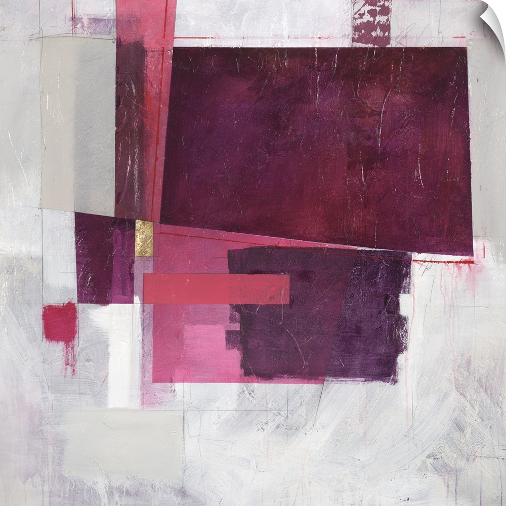 Square abstract painting with rectangular shapes in shades of pink and purple with a single metallic gold shape on a white...
