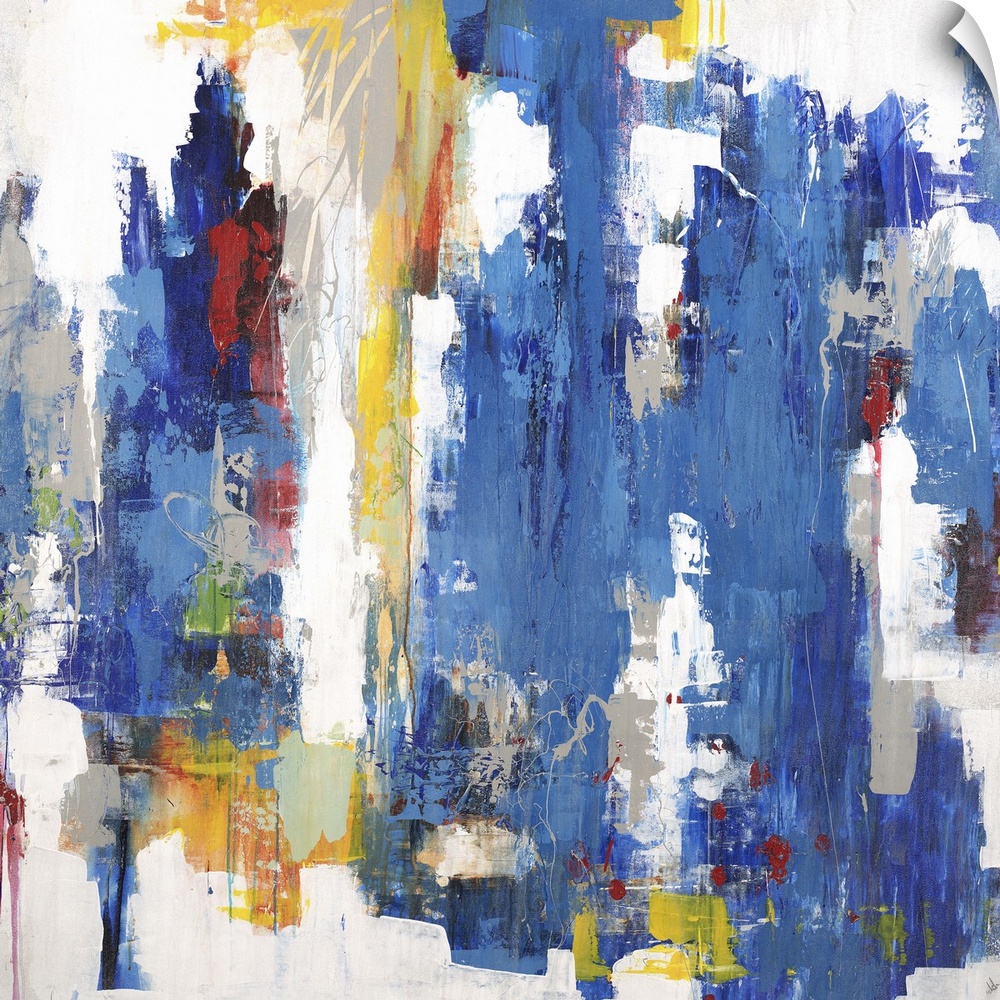 Contemporary abstract painting using mostly blue in vertical swipes with pops of yellow against a white background.