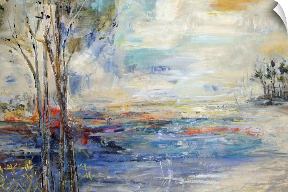 Landscape painting of several small trees at the edge of a lagoon, in front a vibrant horizon and sky.