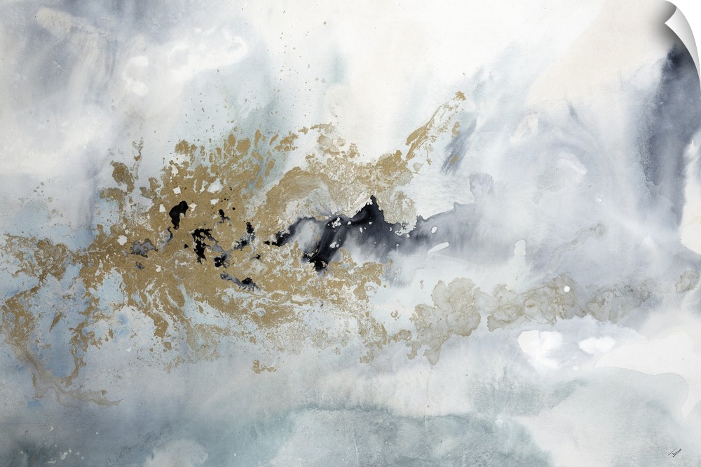 Abstract contemporary painting in blue and gold tones, resembling a cloudy sky.