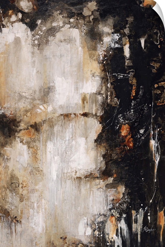 Abstract painting of deep black and rich earth tones clashing toward the center of the image.