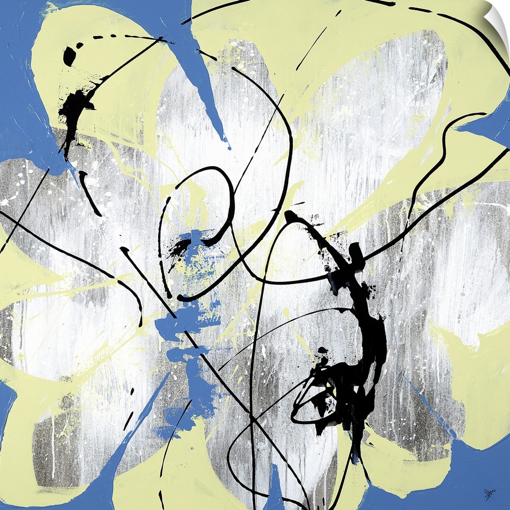 A lively abstract painting of a flower in shades of yellow and blue.