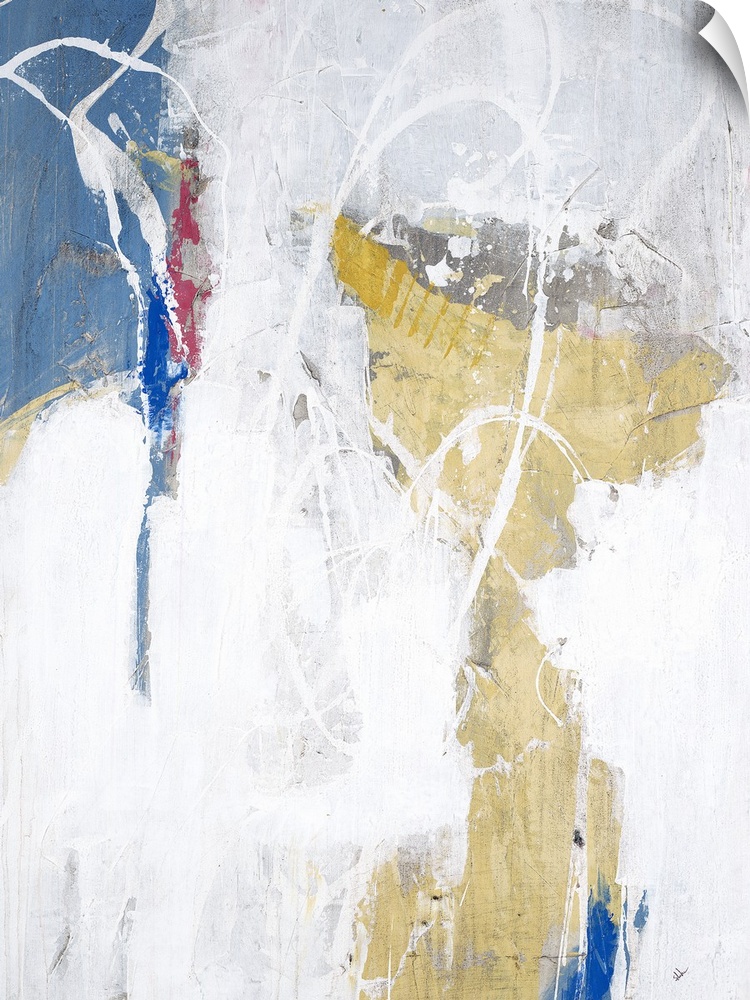 Contemporary abstract painting with pastel pink, yellow, and blue with white splatter and lines taking over the top.