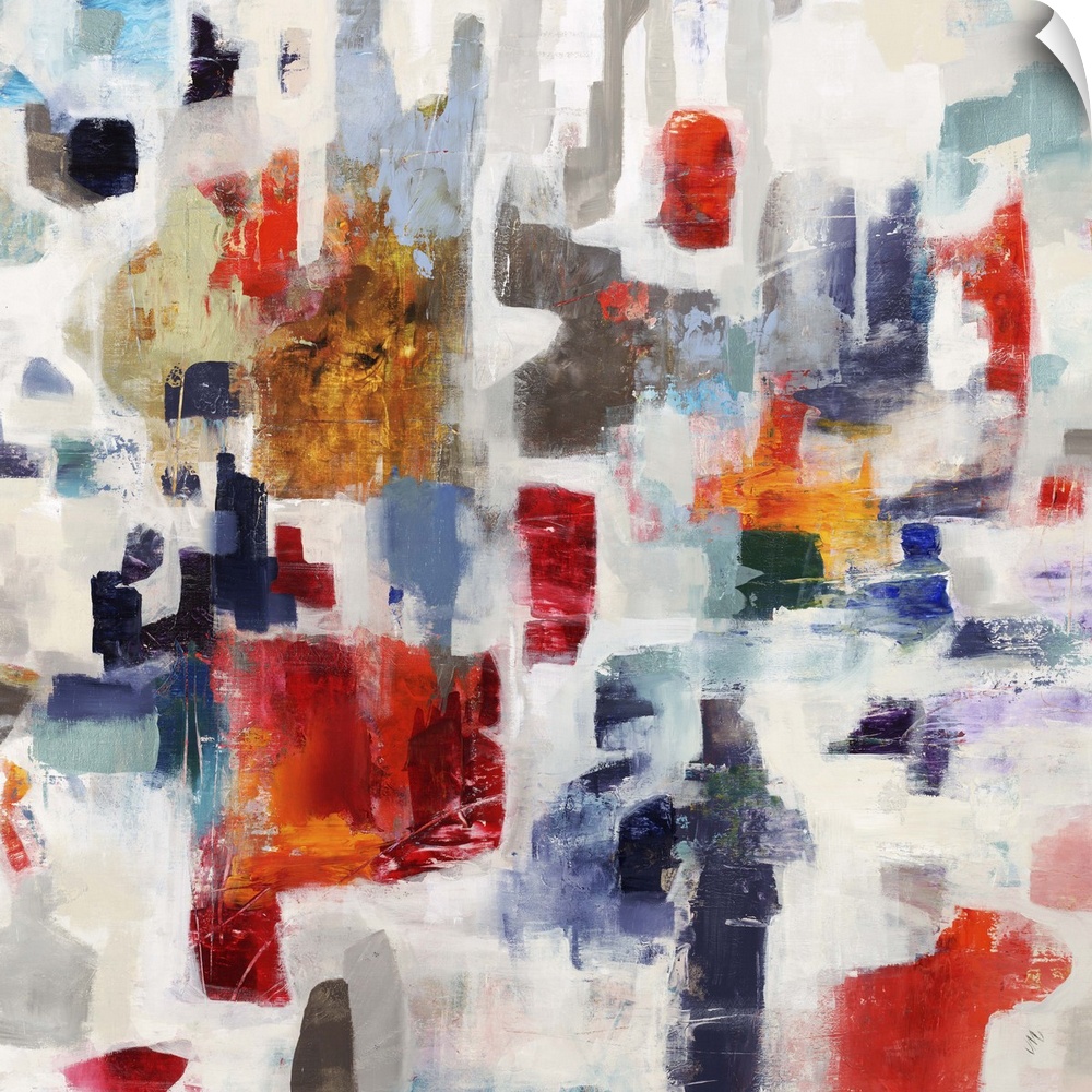 Contemporary abstract painting with bright blocks of red and blue color against a pale background.