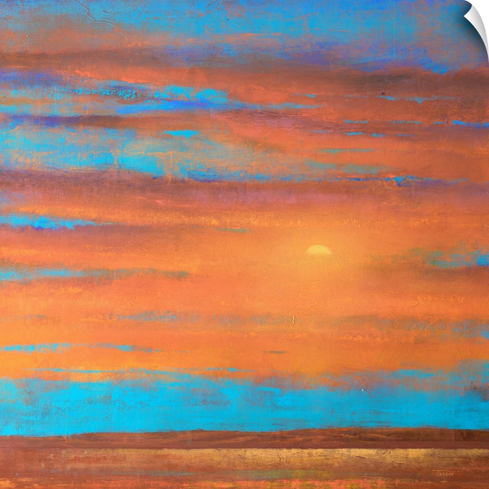A piece of contemporary artwork that is of a sunset with orange clouds painted on top of a bright blue sky.