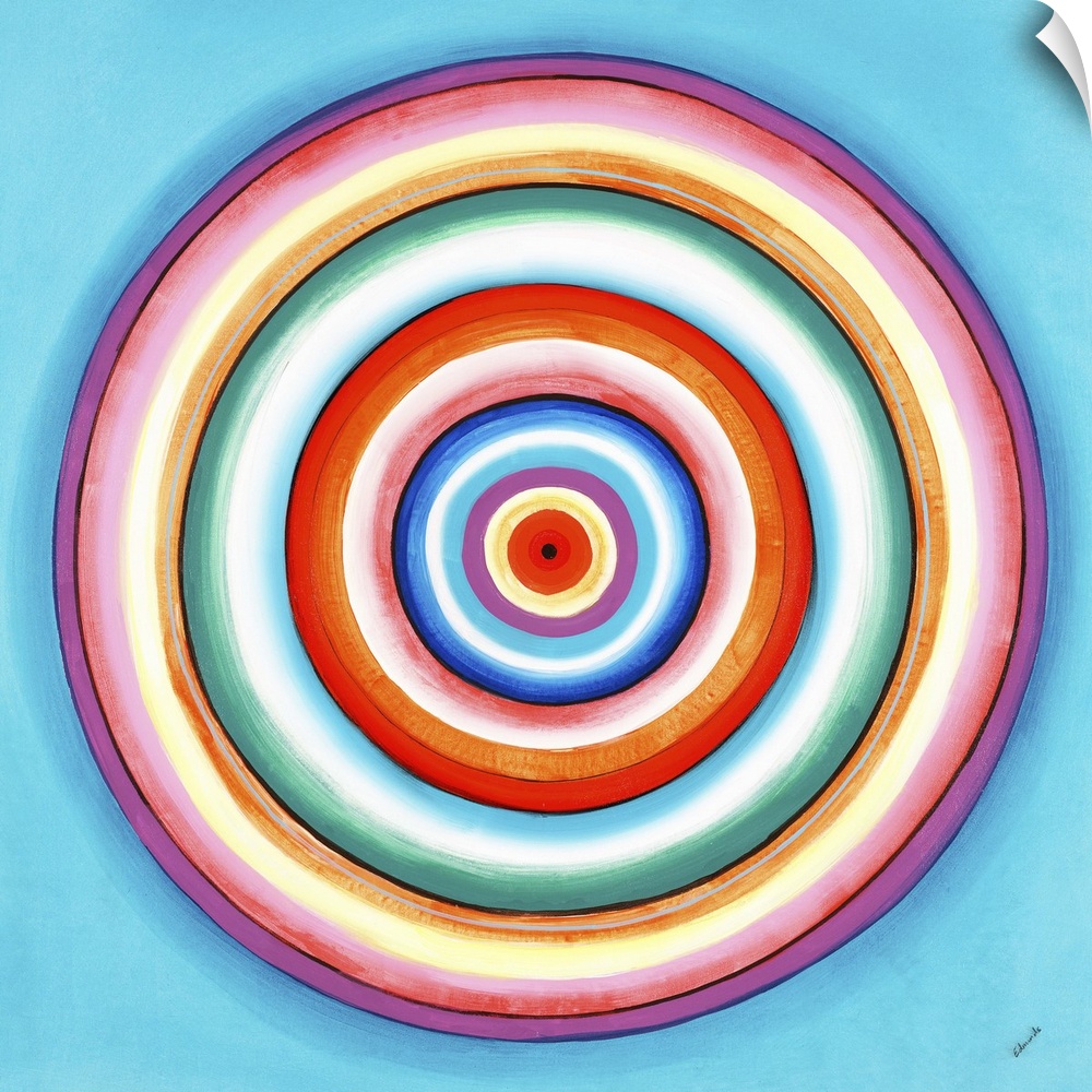 A contemporary painting of concentric circles in a variety of colors against a light blue background.