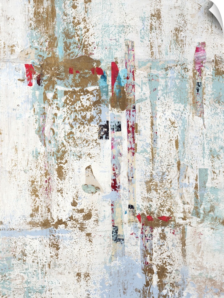 Abstract painting with a white background and gold, light blue, and red hues on top.