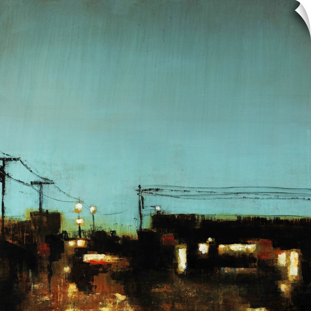 Contemporary painting with a bird's-eye view of a dark cityscape with visible lights on a rainy day, the cool dark sky abo...