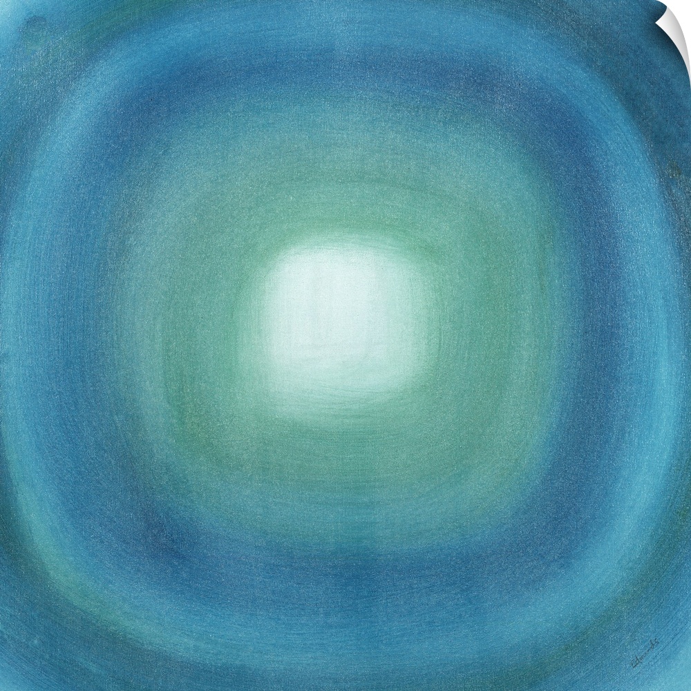 Square abstract with with a blue gradient circle moving out from the white center towards the edges of the canvas creating...