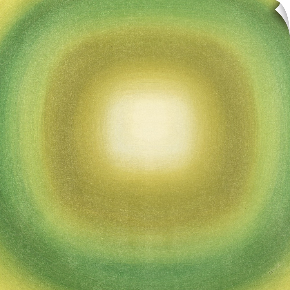 Square abstract with with a green and yellow gradient circle moving out from the white center towards the edges of the can...