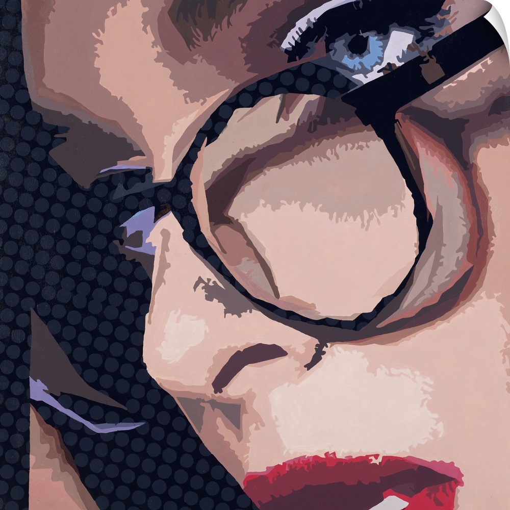 Close-up square artwork of a woman wearing glasses on a polka dotted background.