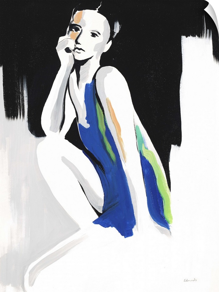 Contemporary painting of a woman wearing a blue dress against an abstract background.