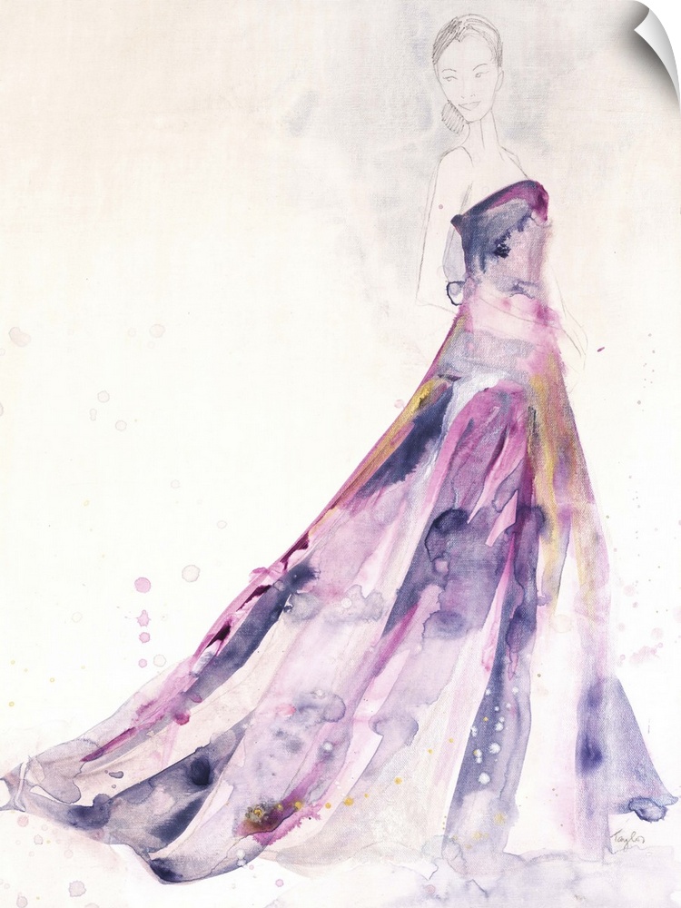 Contemporary painting of a woman wearing a purple dress against a neutral background.
