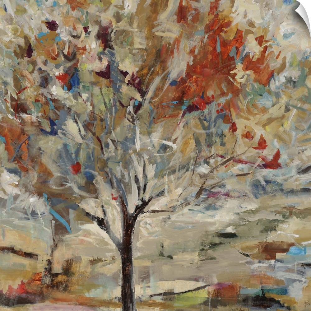 Contemporary painting of a single tree with vibrant leaves and branches, on a background filled with multicolored patches ...