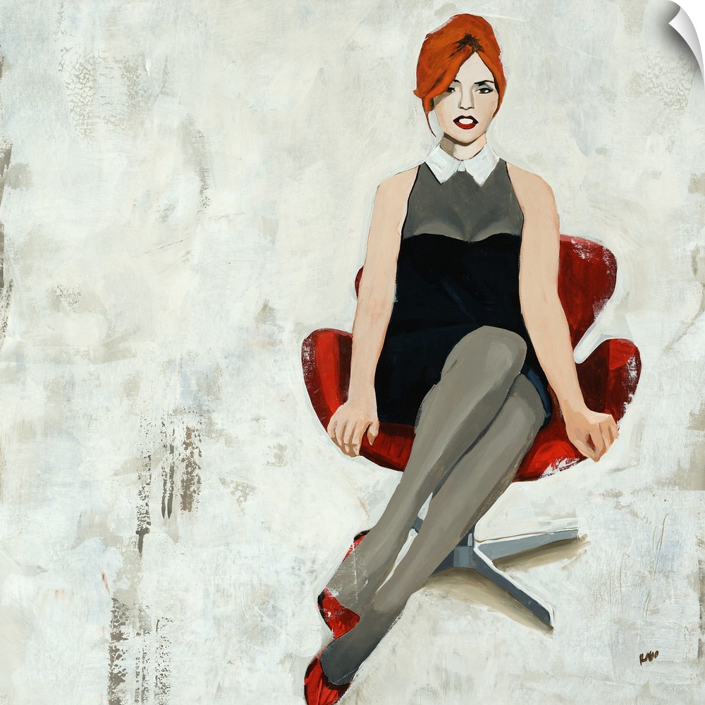 Painting of a woman in a short dress and high heels, sitting in a retro office chair, on a patchy background in light neut...