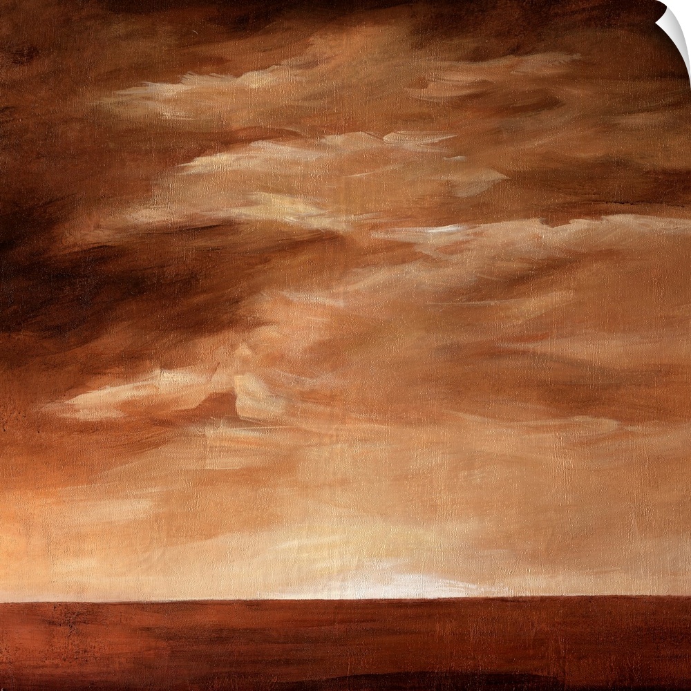The sun rises over the water on the eastern horizon and illuminates the clouds above in this contemporary painting.