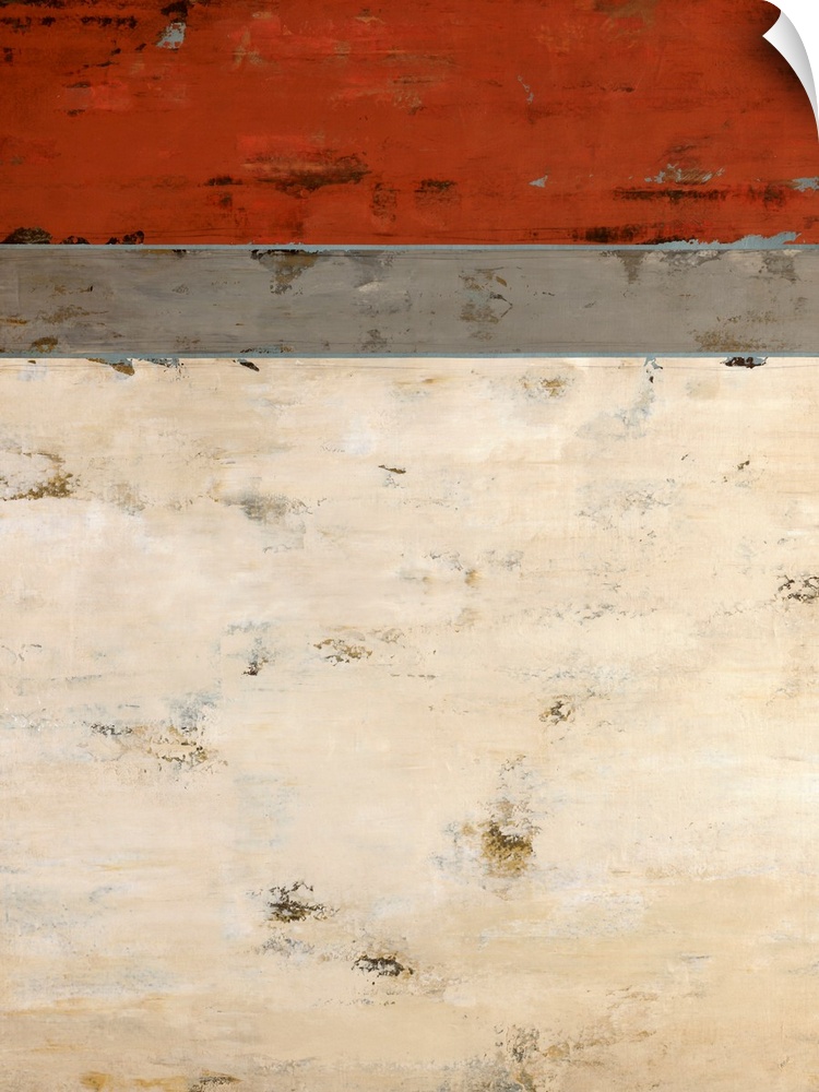Contemporary abstract art of 3 color stripes in different size chunks with textured cracks covering the whole piece.