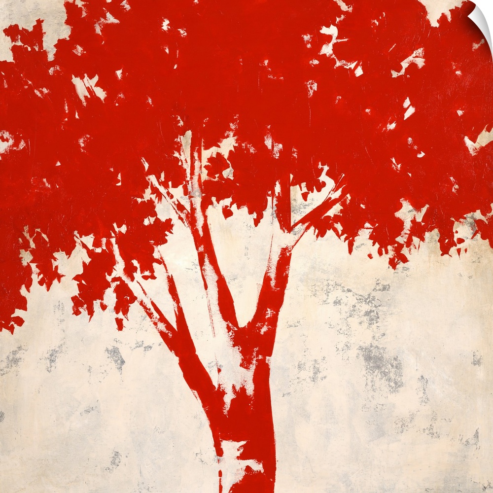Contemporary art of a large red tree with branches full of leaves on a light neutral background that resembles parchment.