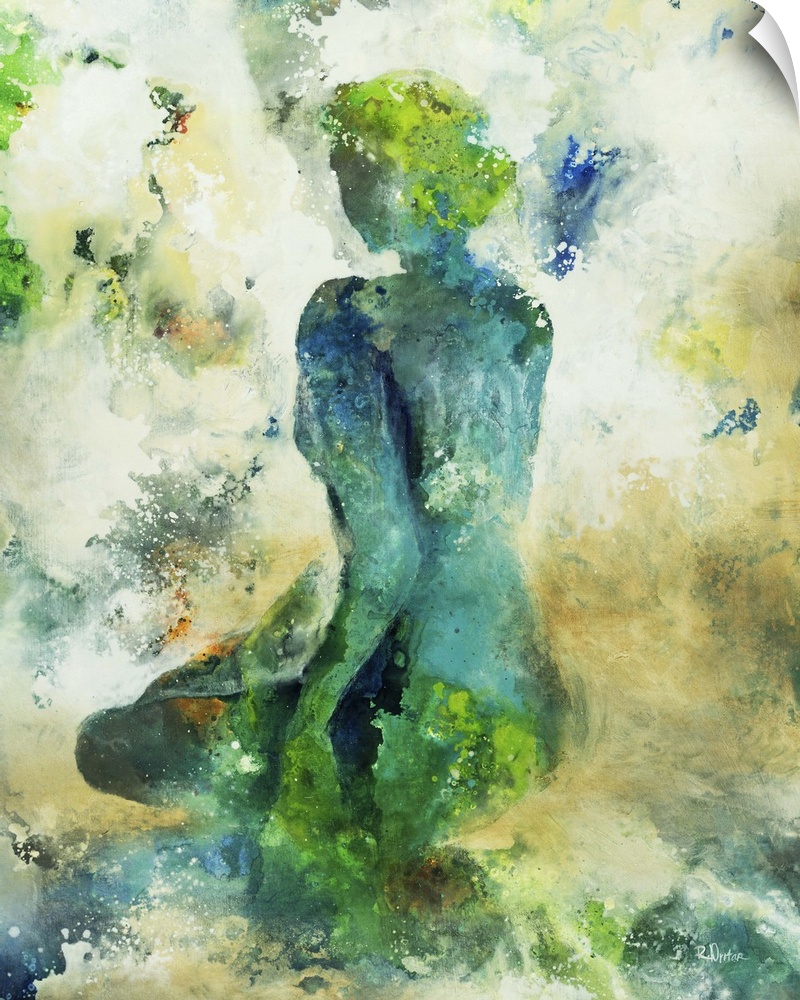 Abstract painting of the silhouette of a woman kneeling down on a hill, surrounded by splashes of color in cool and golden...