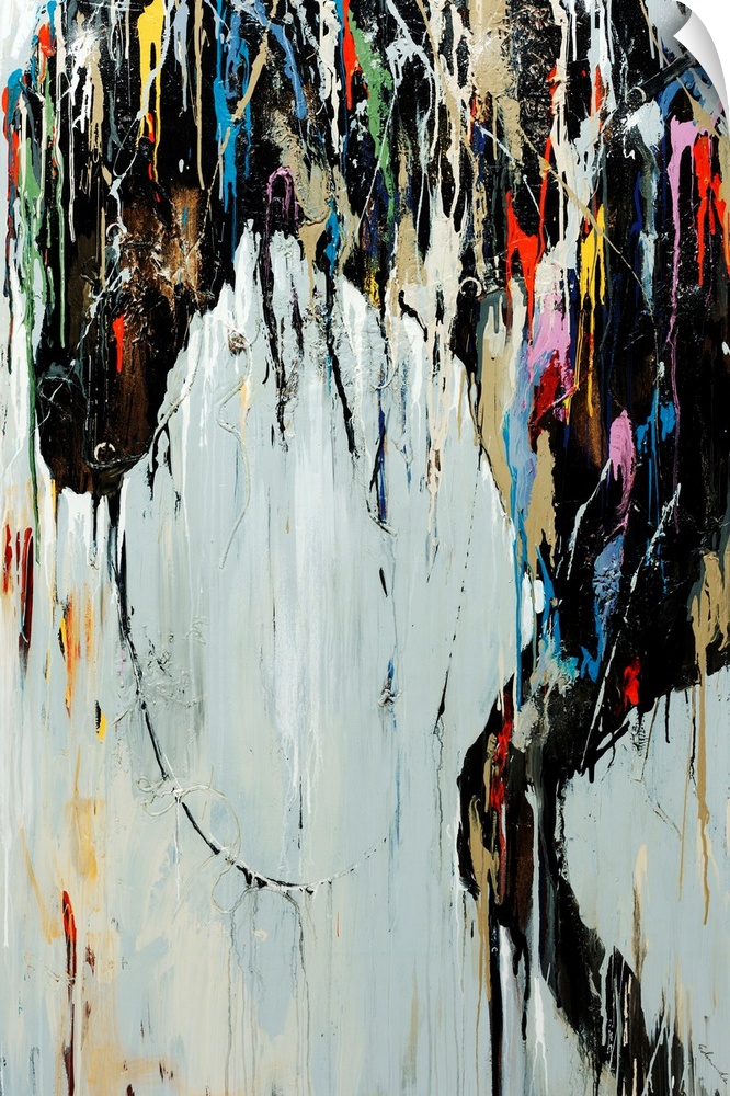 Contemporary abstract painting with drips and splashes of color over top a depiction of a wild animal.