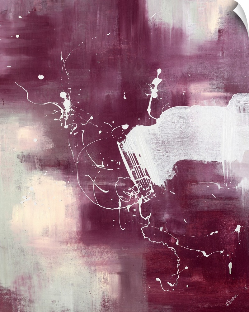 Contemporary painting with muted abstract background and overlying paint drops and drizzles.
