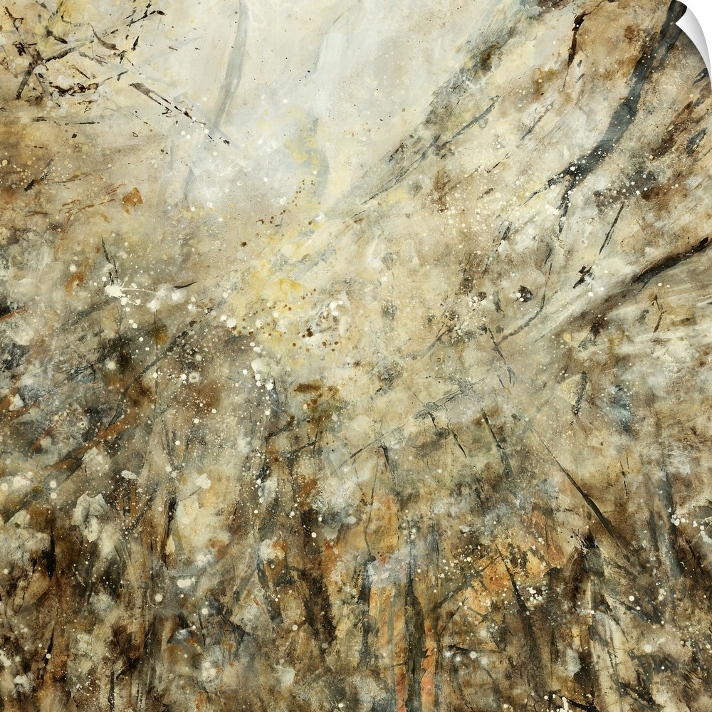 Abstract artwork that uses lots of neutral colors with splashes and streaks concentrated on the bottom of the piece.