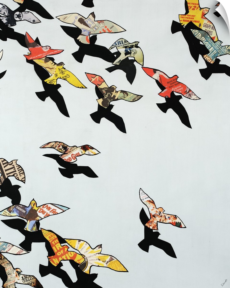 Contemporary art of a flock of birds flying, their outlines filled with portions of colorful vintage advertisements while ...