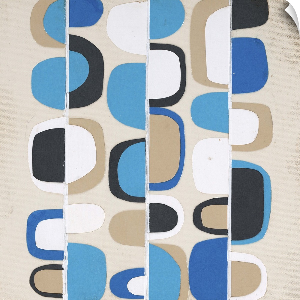 Retro abstract painting with blue, tan, black, and white half circles moving up and down white vertical lines.