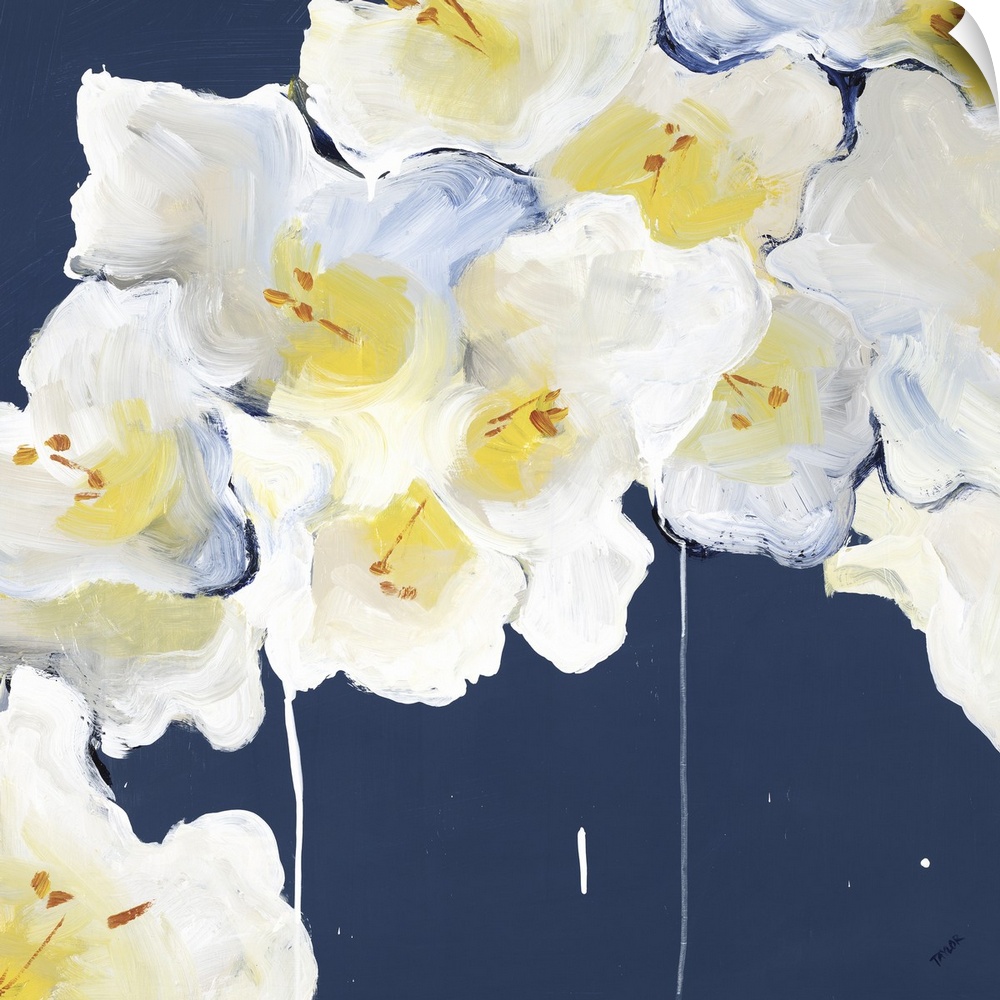 Square painting of a bouquet of white Rhododendrons against a dark blue backdrop.