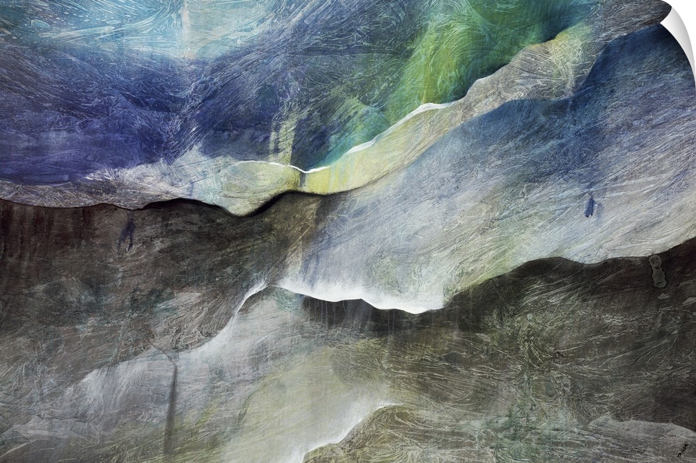Large horizontal abstract painting of dark tones of blue and green, giving the impression of rolling waves of an ocean.