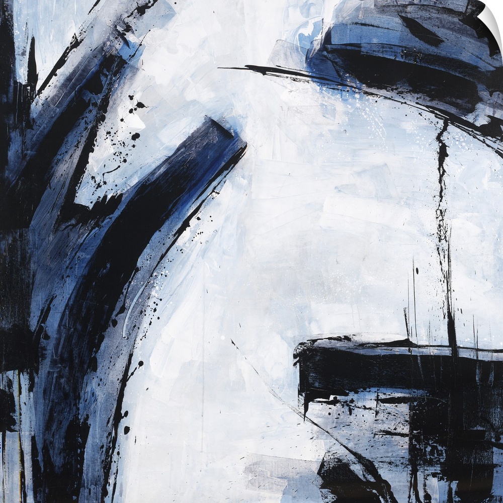 Abstract painting using dark blue and black colors against a pale blue blue background.