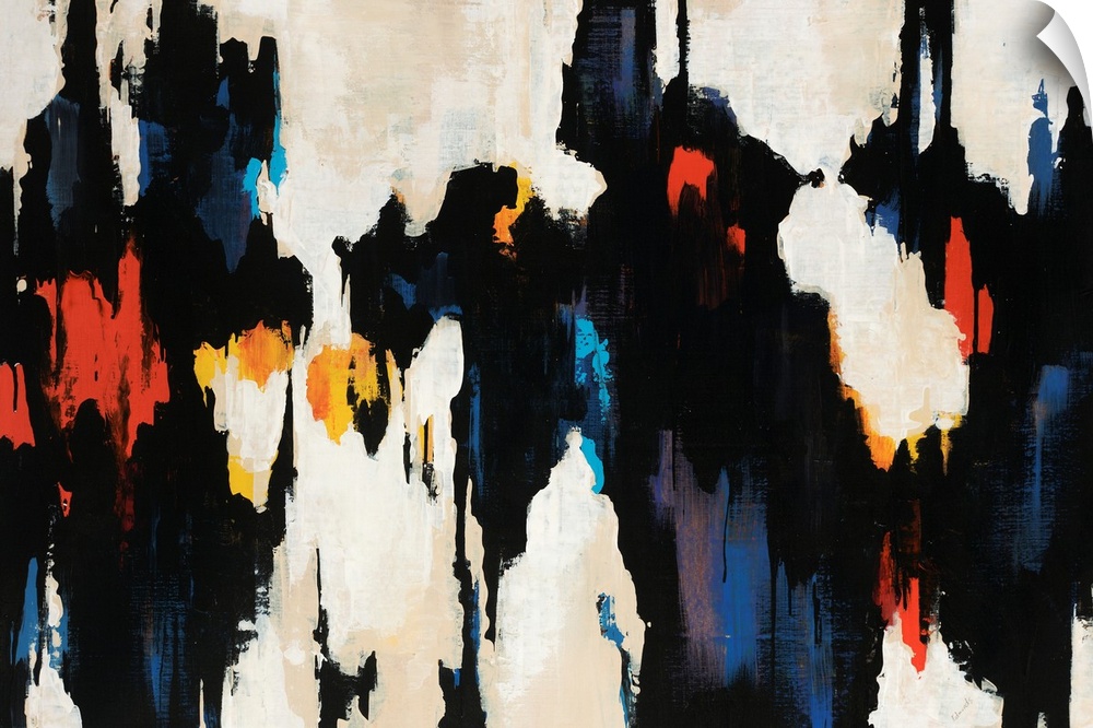 Abstract artwork with a cave like appearance that is mostly black streaks of paint with some colors highlighted in it.