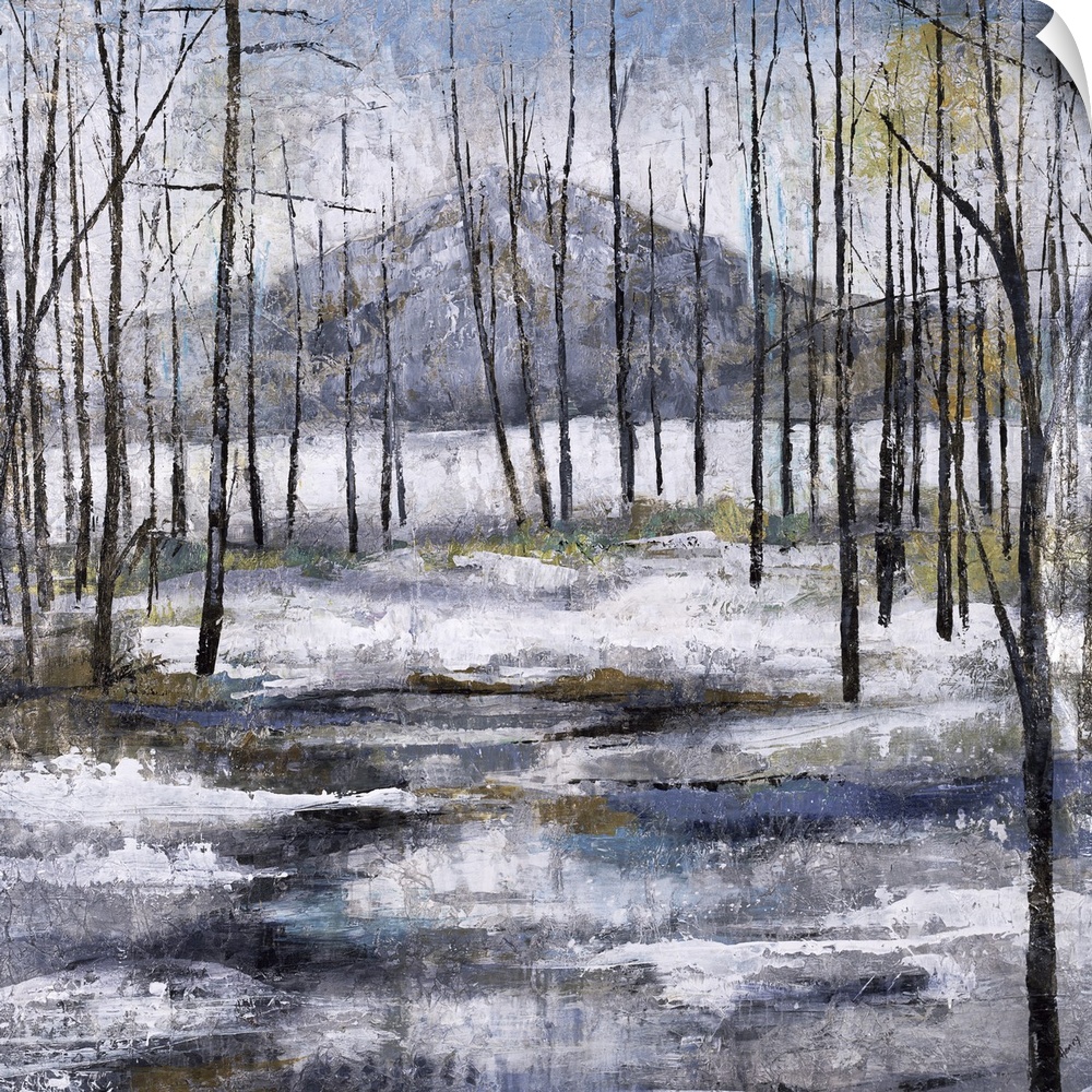 Contemporary painting of a Winter landscape with bare trees, snow on the ground, and a mountain in the background.