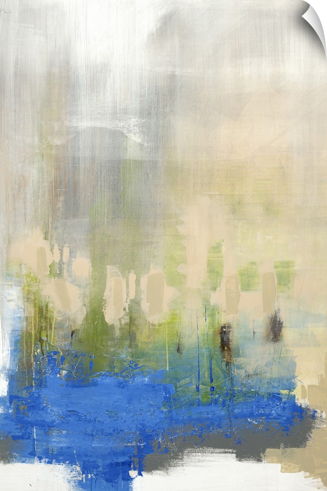 Contemporary abstract painting with vivid blue on pale beige.