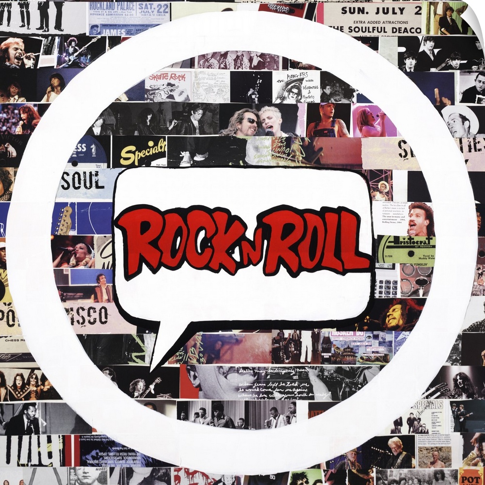 A square collage with "Rock n Roll" in the center and images of famous musicians in the background.