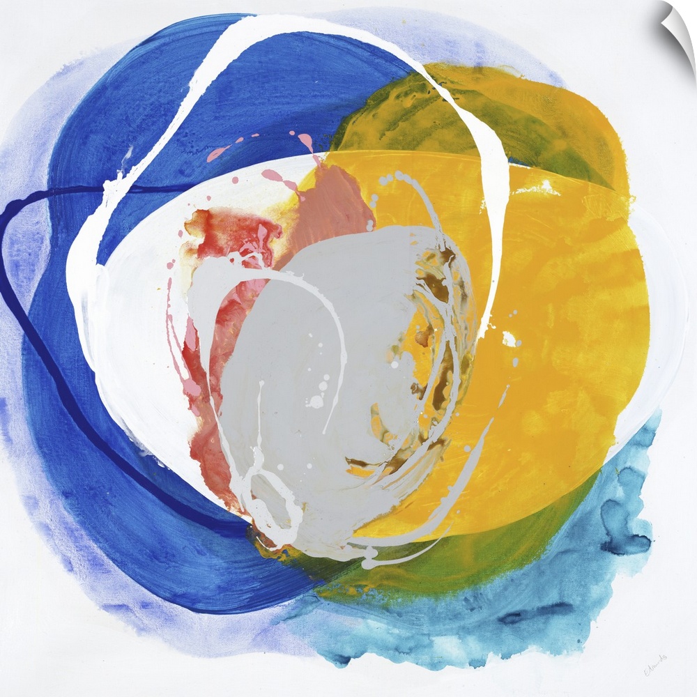 A bright abstract painting in a circular shape in colors of blue and yellow.