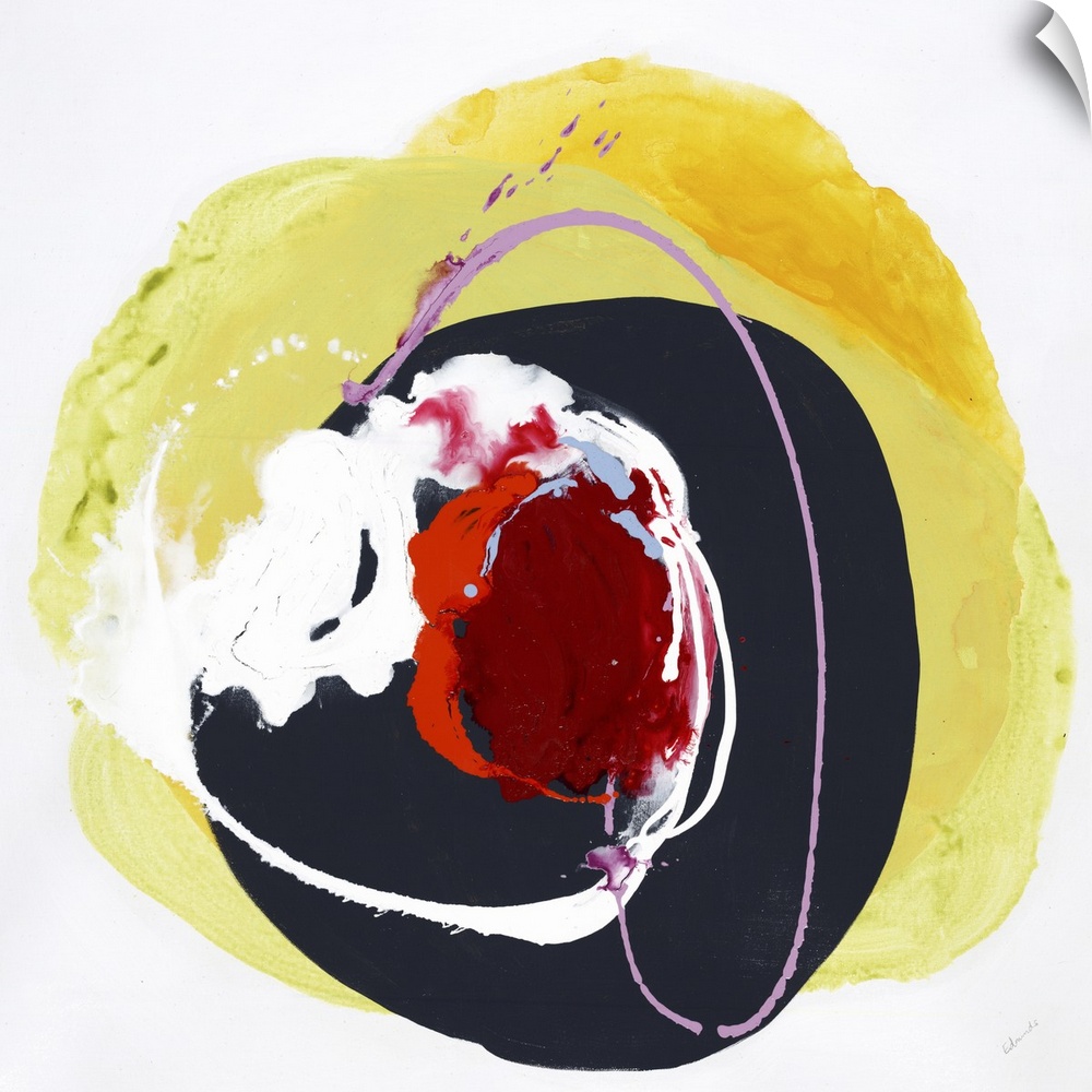 A vibrant abstract painting in a circular shape in colors of red and yellow.