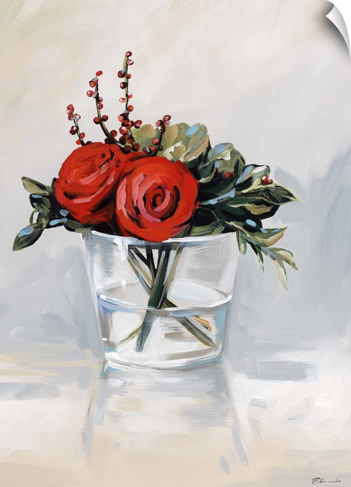 Contemporary artwork of red roses in a clear glass vase.