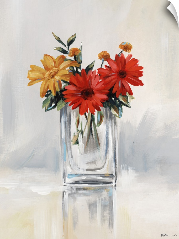 Contemporary artwork of red and yellow daisies in a clear glass vase.