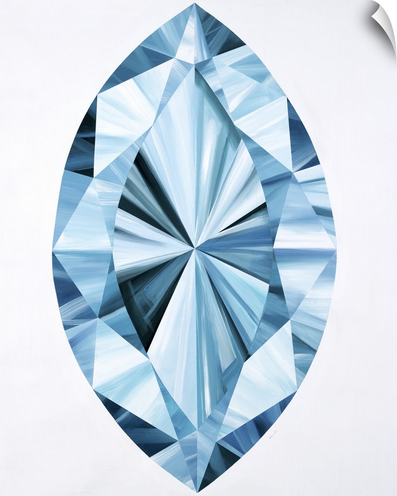 A painting of a blue marquise shaped gemstone.