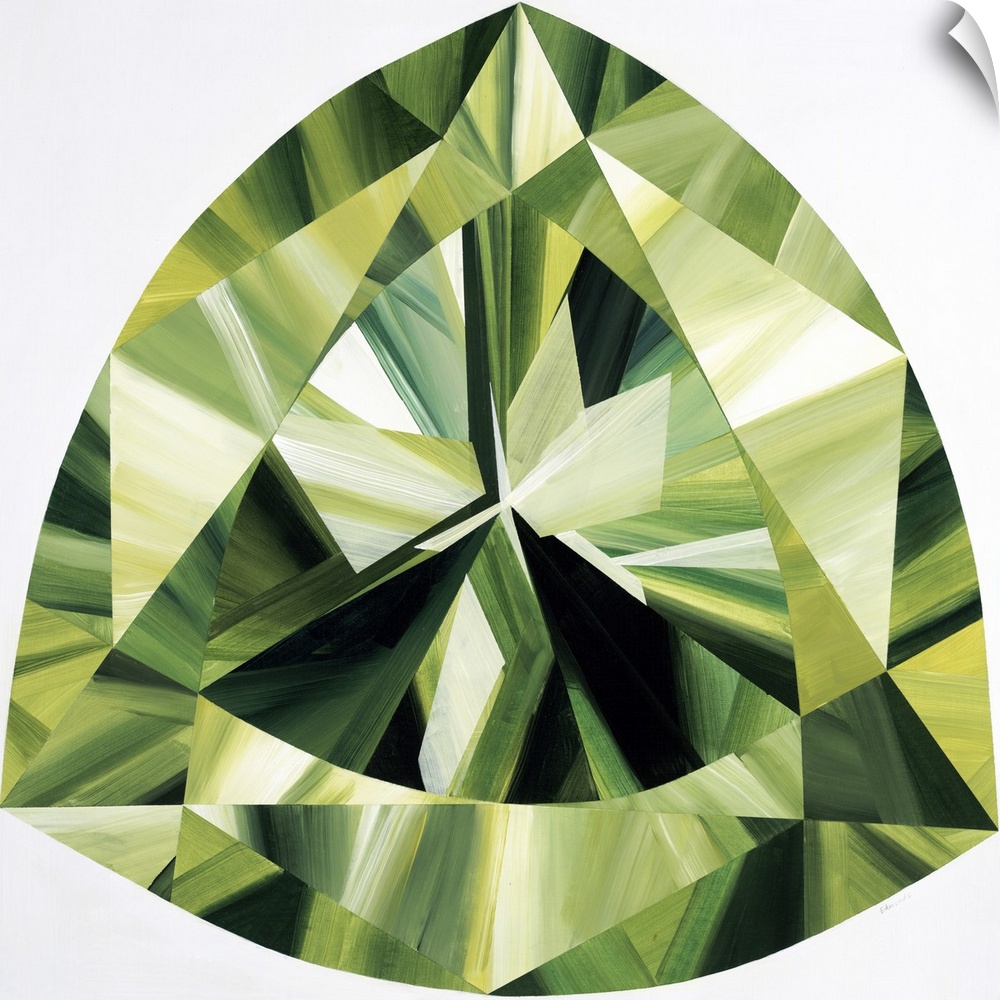 A painting of a green, trilliant shaped gemstone.