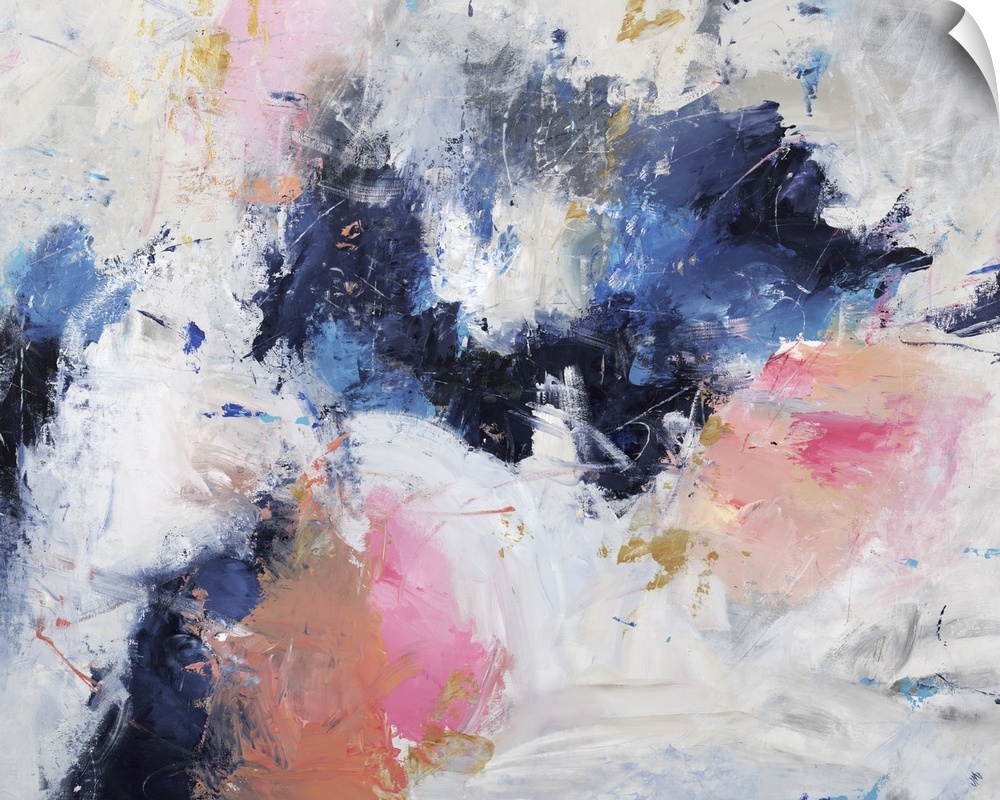 Abstract painting with coll bursts of blue surrounded by warm bursts of pink on a gray toned background with small colorfu...