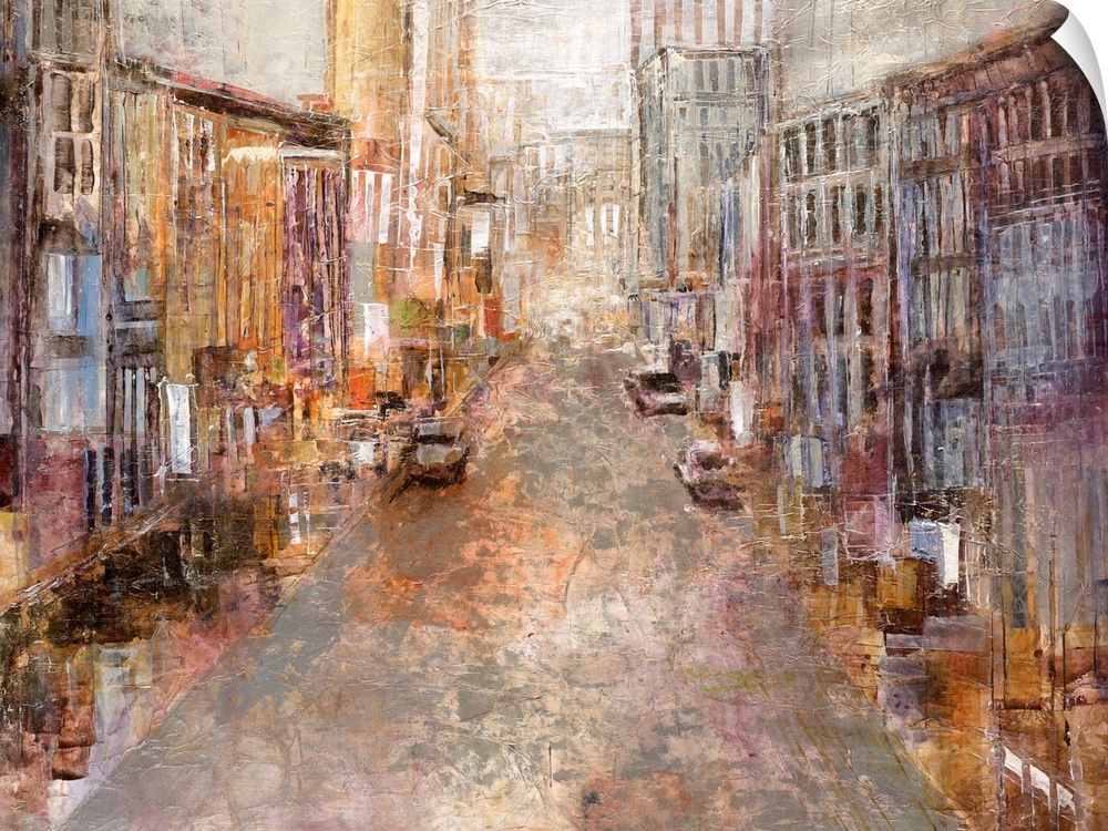 A contemporary piece of artwork with multicolored buildings lining a street that goes back toward the center of the painting.