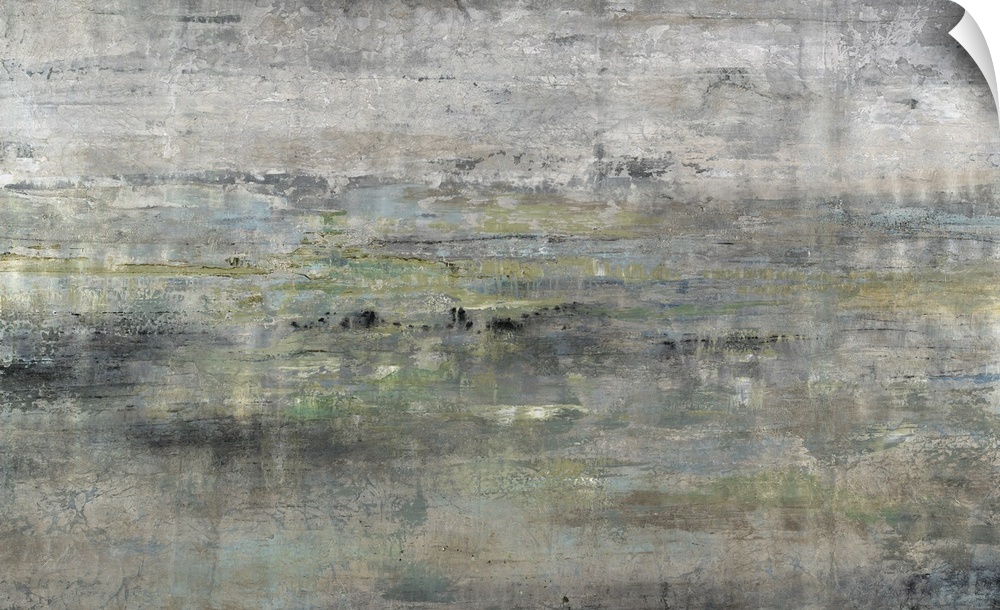 Contemporary painting resembling an antique wood texture, painted in horizontal strips of various earth tones.