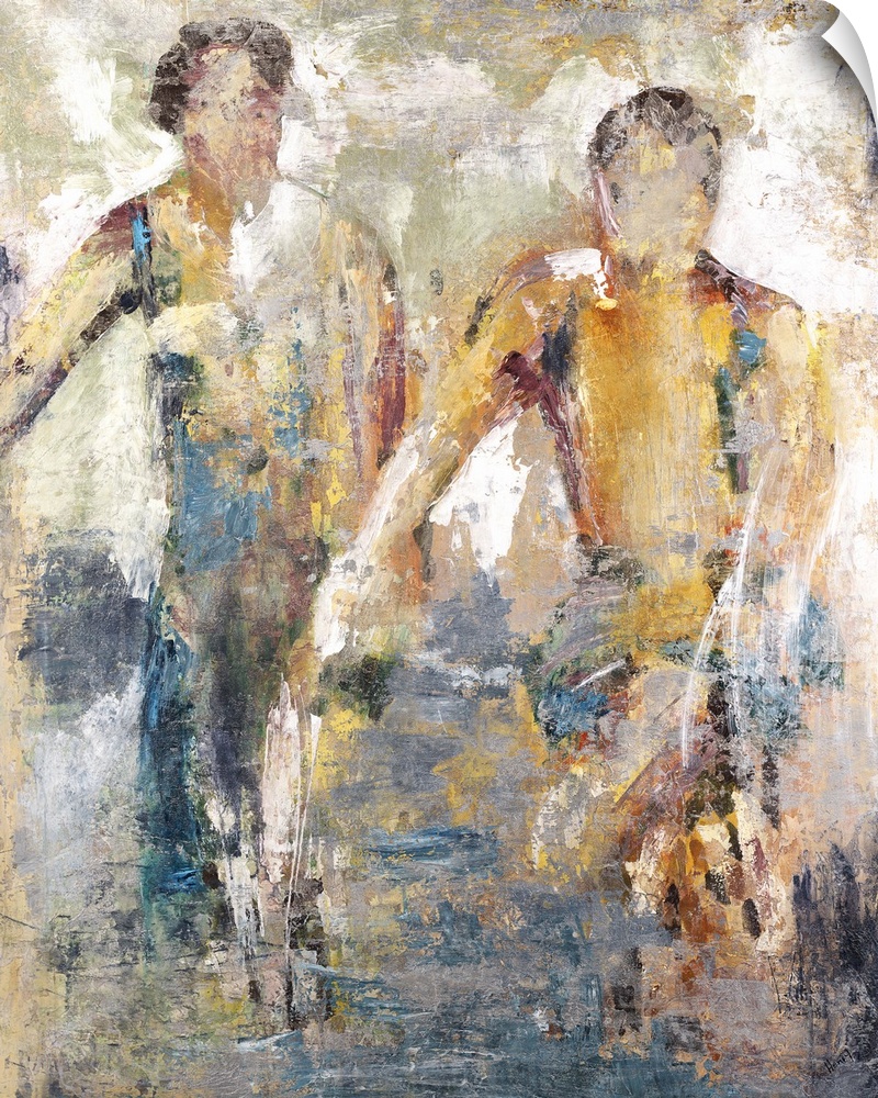 Contemporary artwork of two male figures in hazy earth tones.