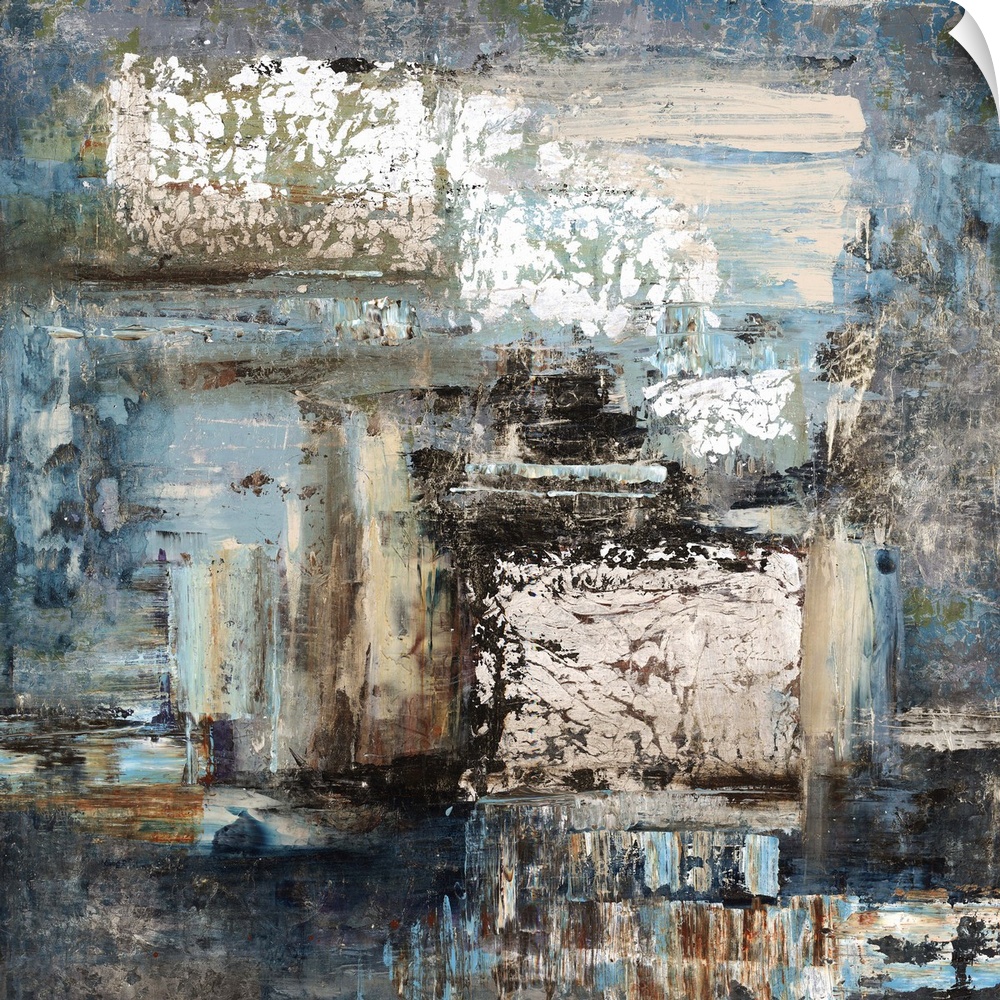 Contemporary abstract painting of blue and neutral earth tones merging together.